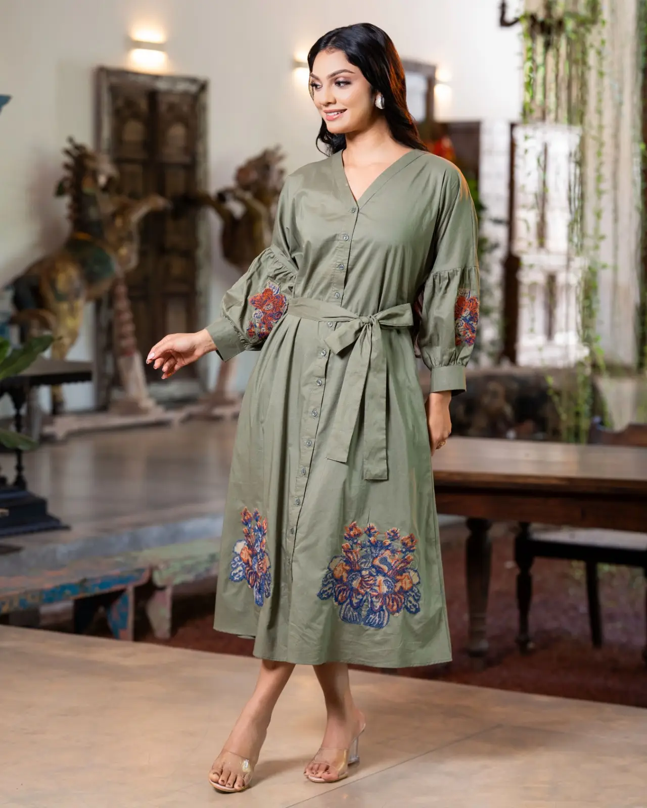 The Tie-Waist Dropped-Sleeve Olive Shirt Midi Dress - Image 3