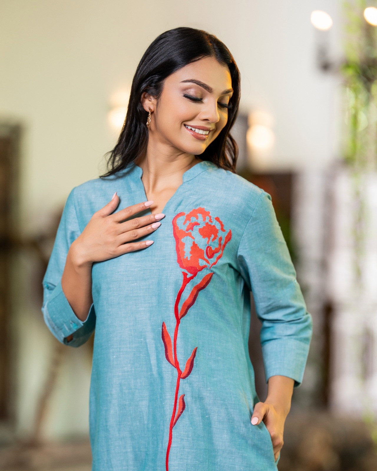 Split-Neck Short Shift Dress with Rose Embroidery - Image 2