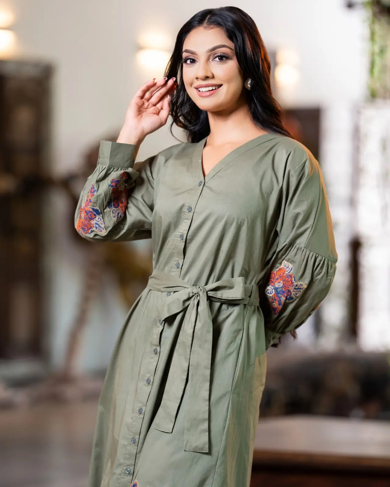 The Tie-Waist Dropped-Sleeve Olive Shirt Midi Dress - Image 4