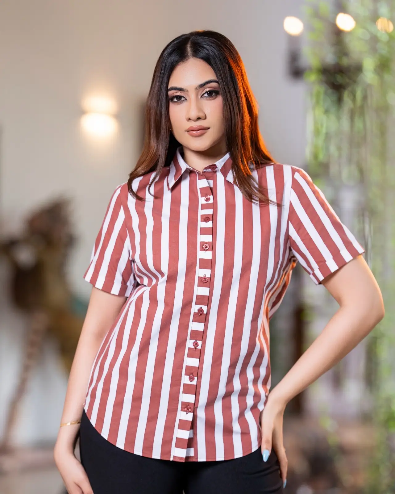 Short Sleeve Button-Front Stripe Blouse - Image 3