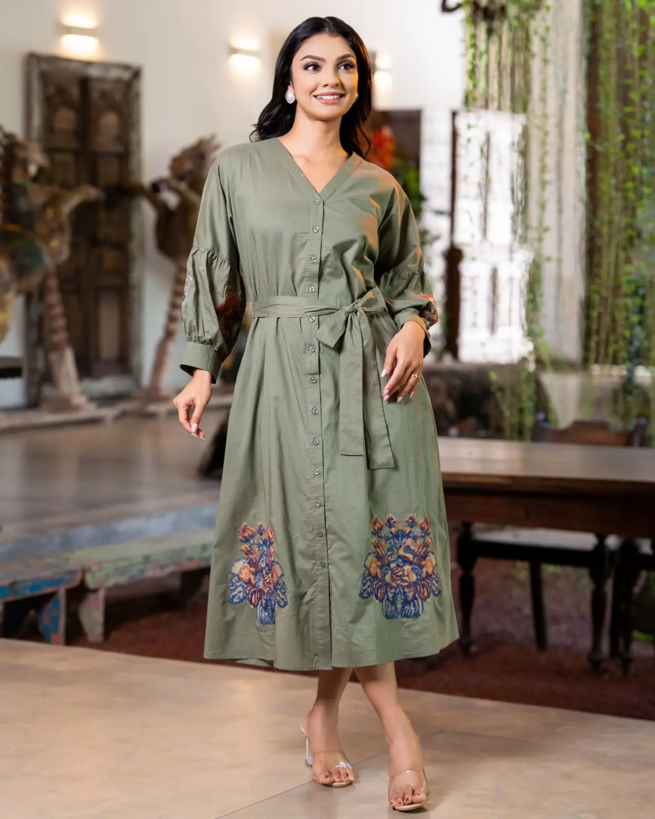 The Tie-Waist Dropped-Sleeve Olive Shirt Midi Dress - Image 2