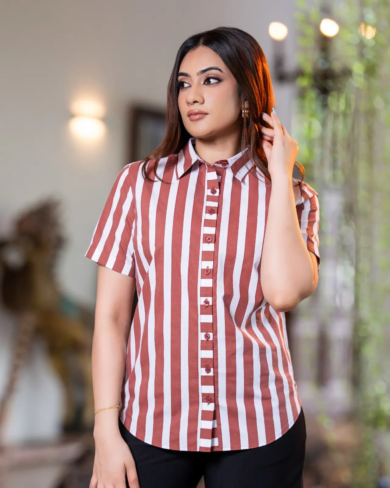 Short Sleeve Button-Front Stripe Blouse - Image 4