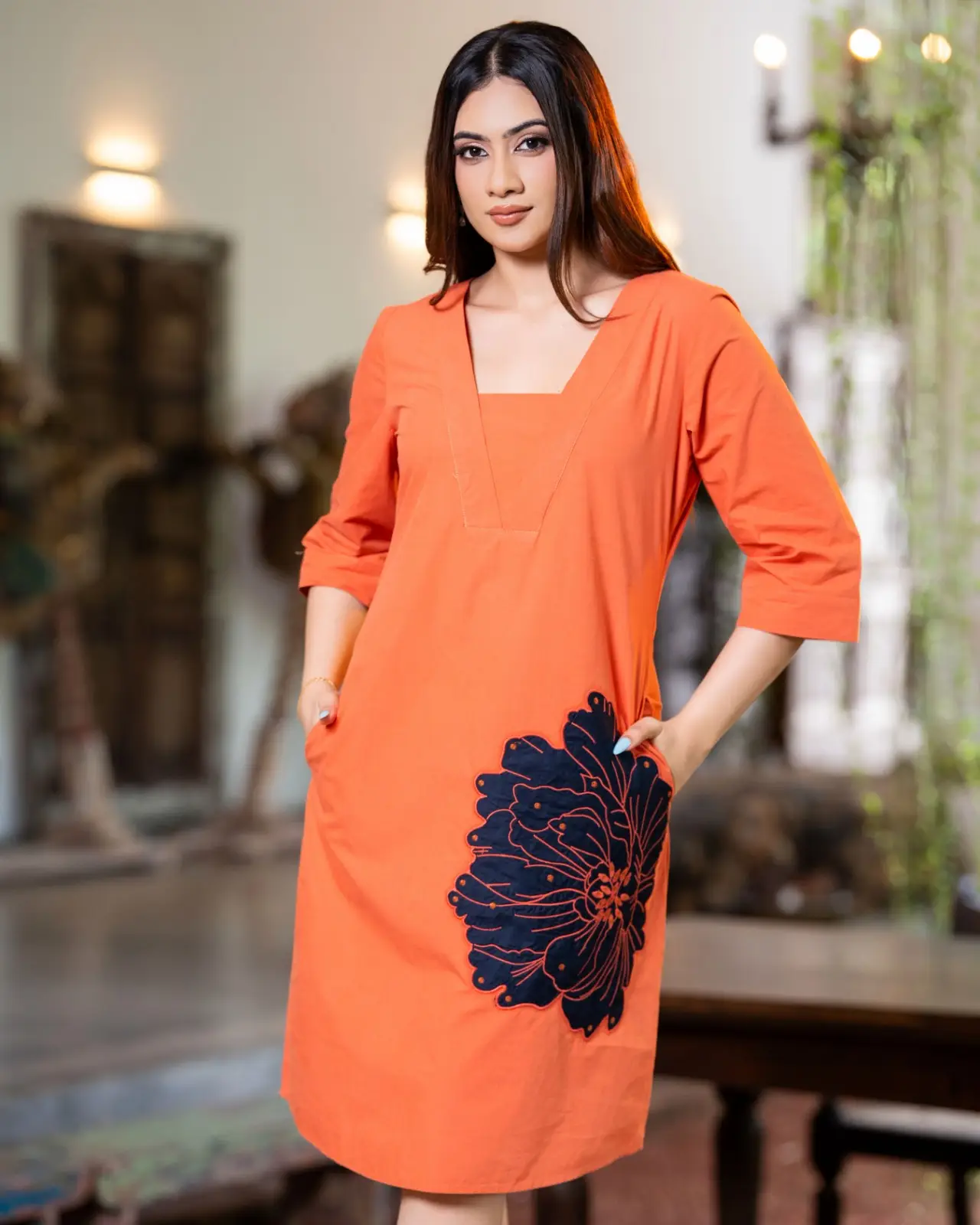 The Contrast Floral Appliqued V-Neck Short Dress - Image 4