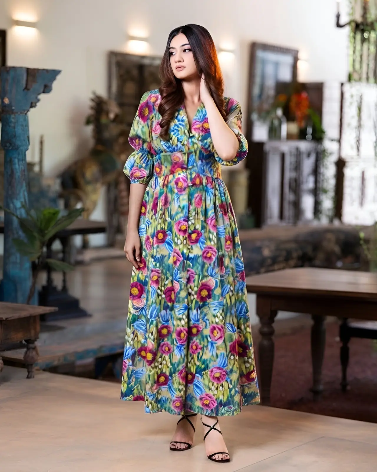 Empire Waist Enchanted Floral Print Maxi Dress - Image 3