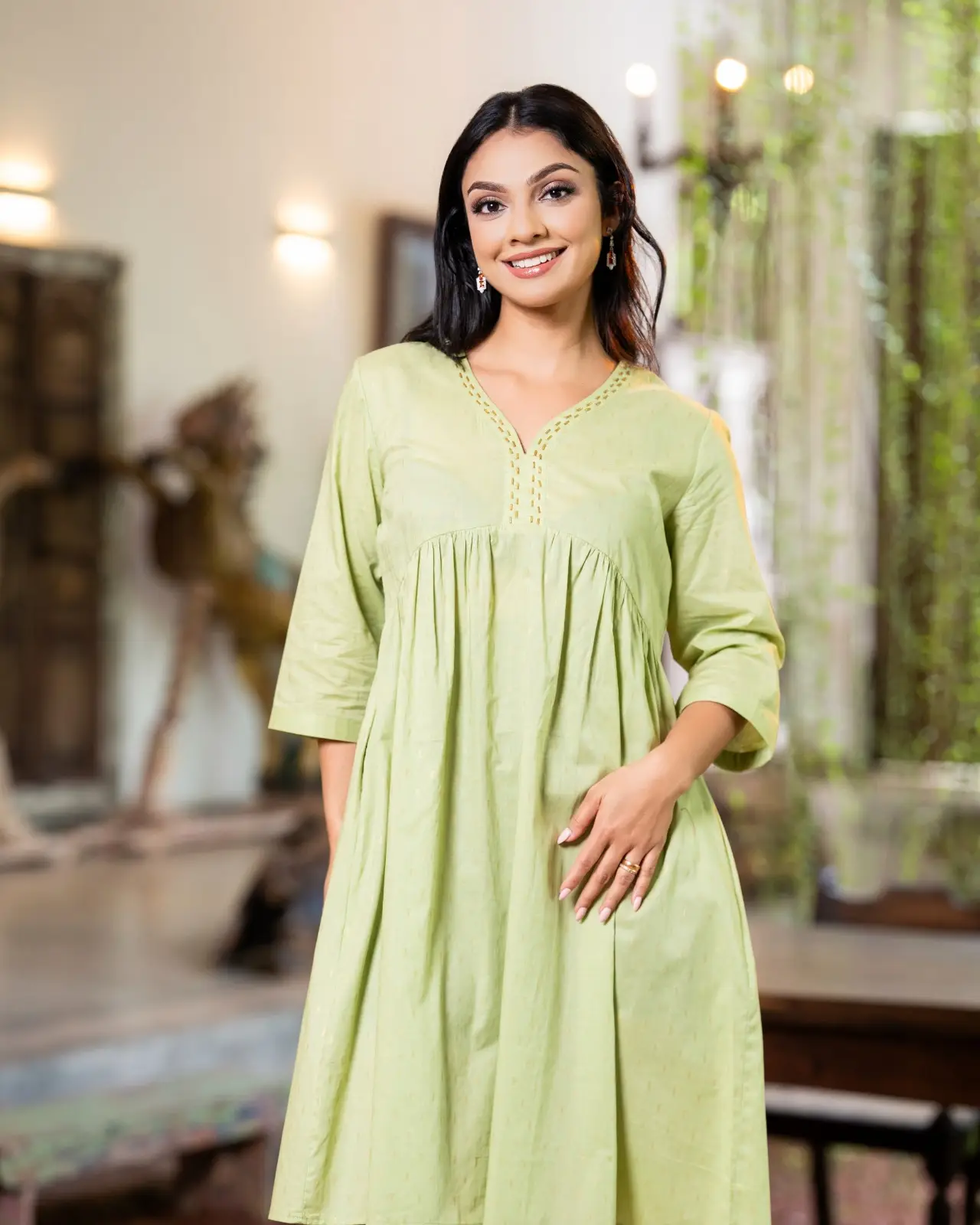Beadwork Detailed Summer Moss Empire Short Dress