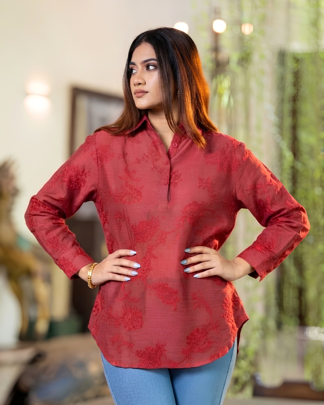 Long Sleeve Slate Botanical Button-Down Blouse - Image 4