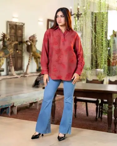 Long Sleeve Slate Botanical Button-Down Blouse