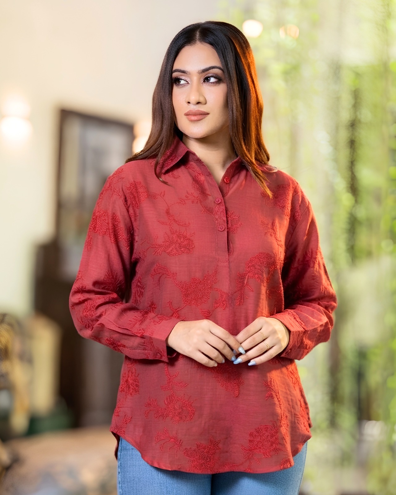 Long Sleeve Slate Botanical Button-Down Blouse - Image 5