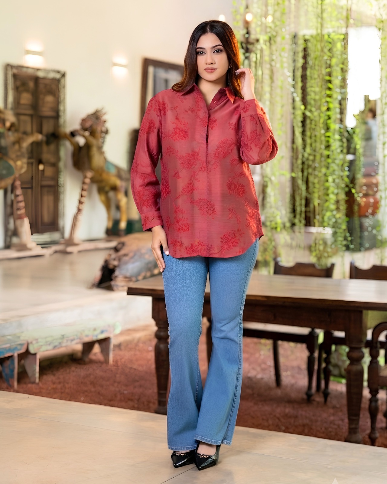 Long Sleeve Slate Botanical Button-Down Blouse - Image 2