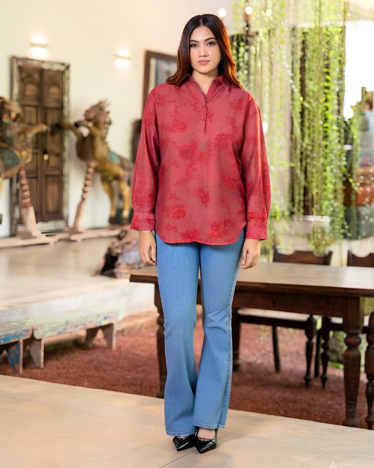 Long Sleeve Slate Botanical Button-Down Blouse - Image 3