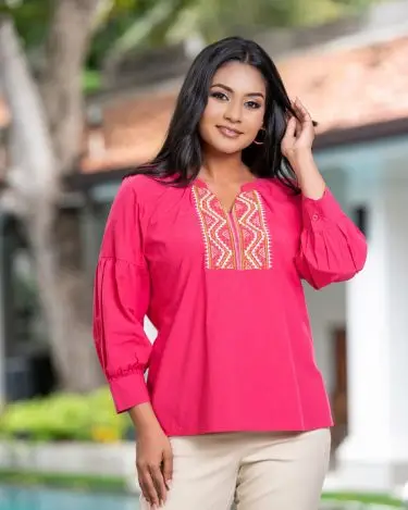 V-Notch Neckline Blouse with Geometric Embroidery