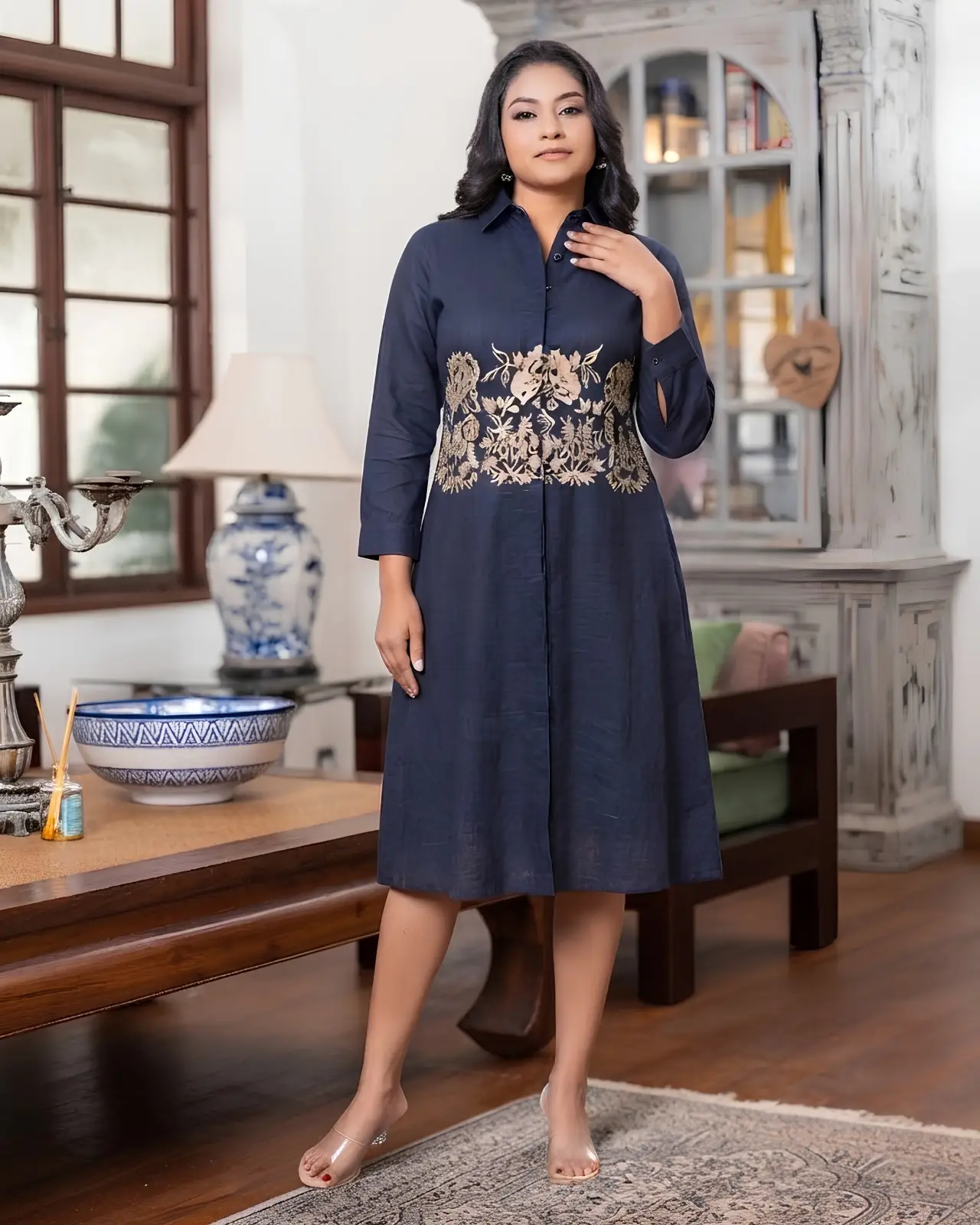 The Sapphire Mid Wait Embroidered Short Shirt Dress - Image 2
