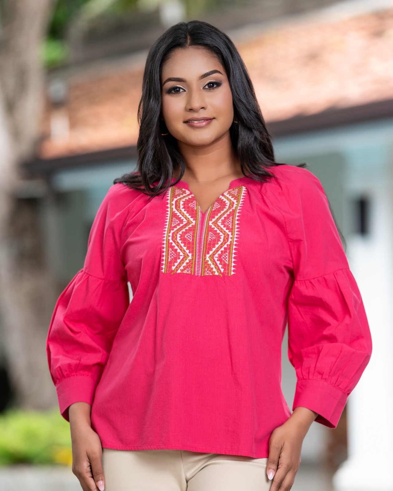V-Notch Neckline Blouse with Geometric Embroidery - Image 2
