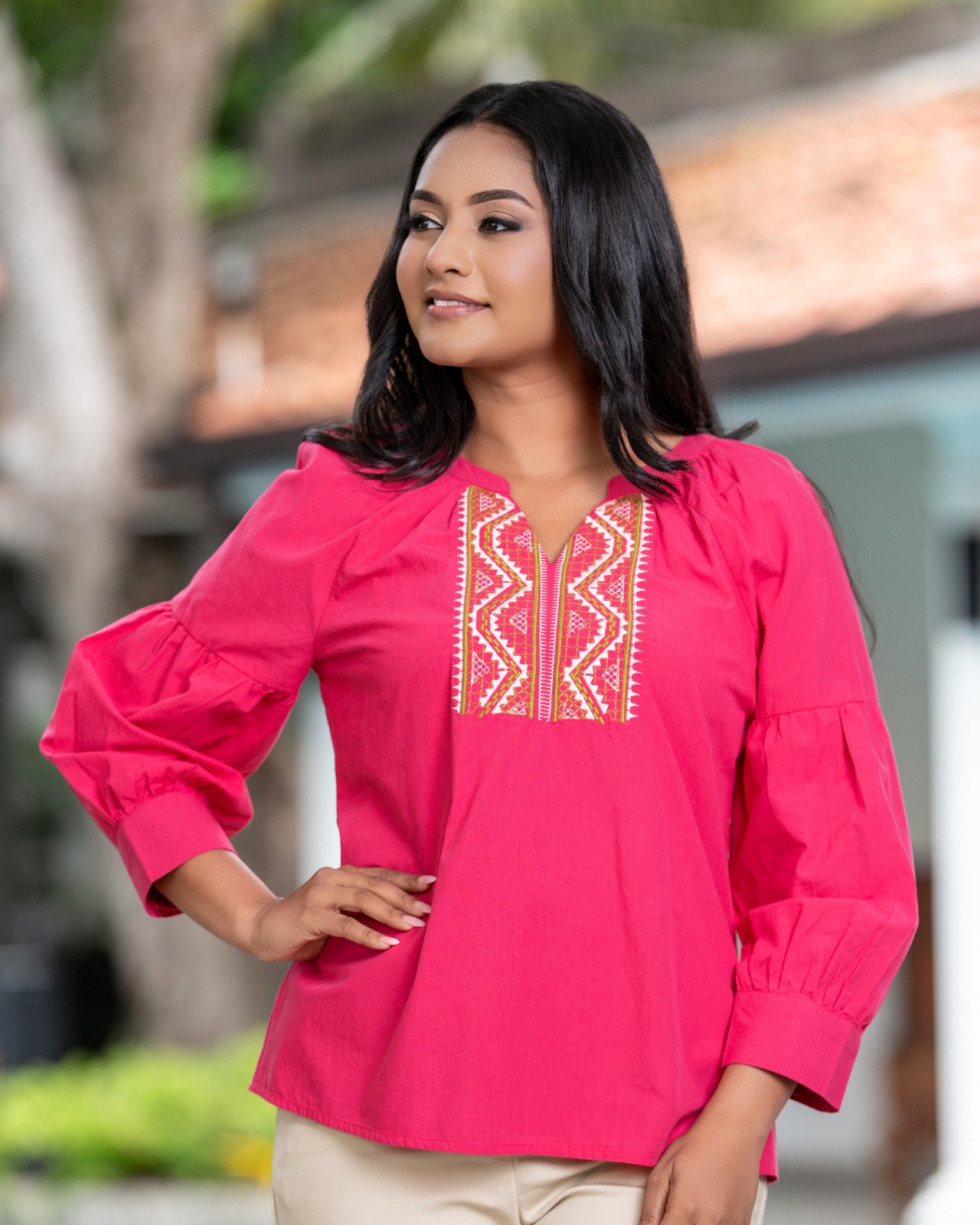 V-Notch Neckline Blouse with Geometric Embroidery - Image 3