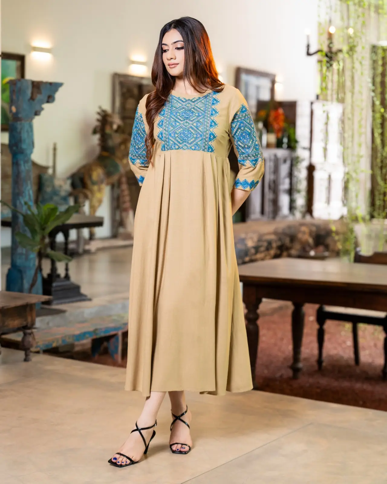 Embroidered Yoke Midi Dress with Front Pleat Detail - Image 3