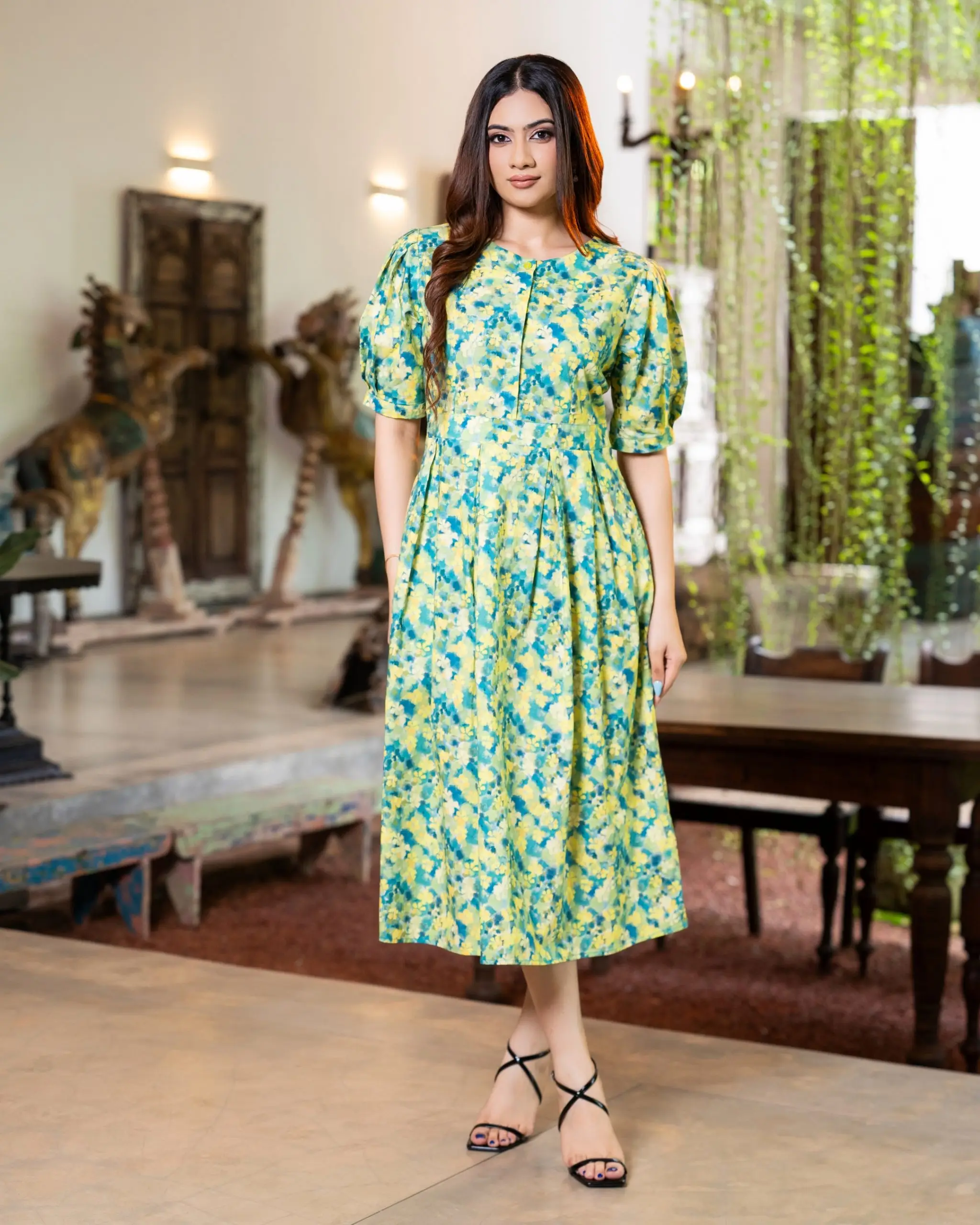 The Puff-Sleeve Pleated Waist Midi Dress - Image 2