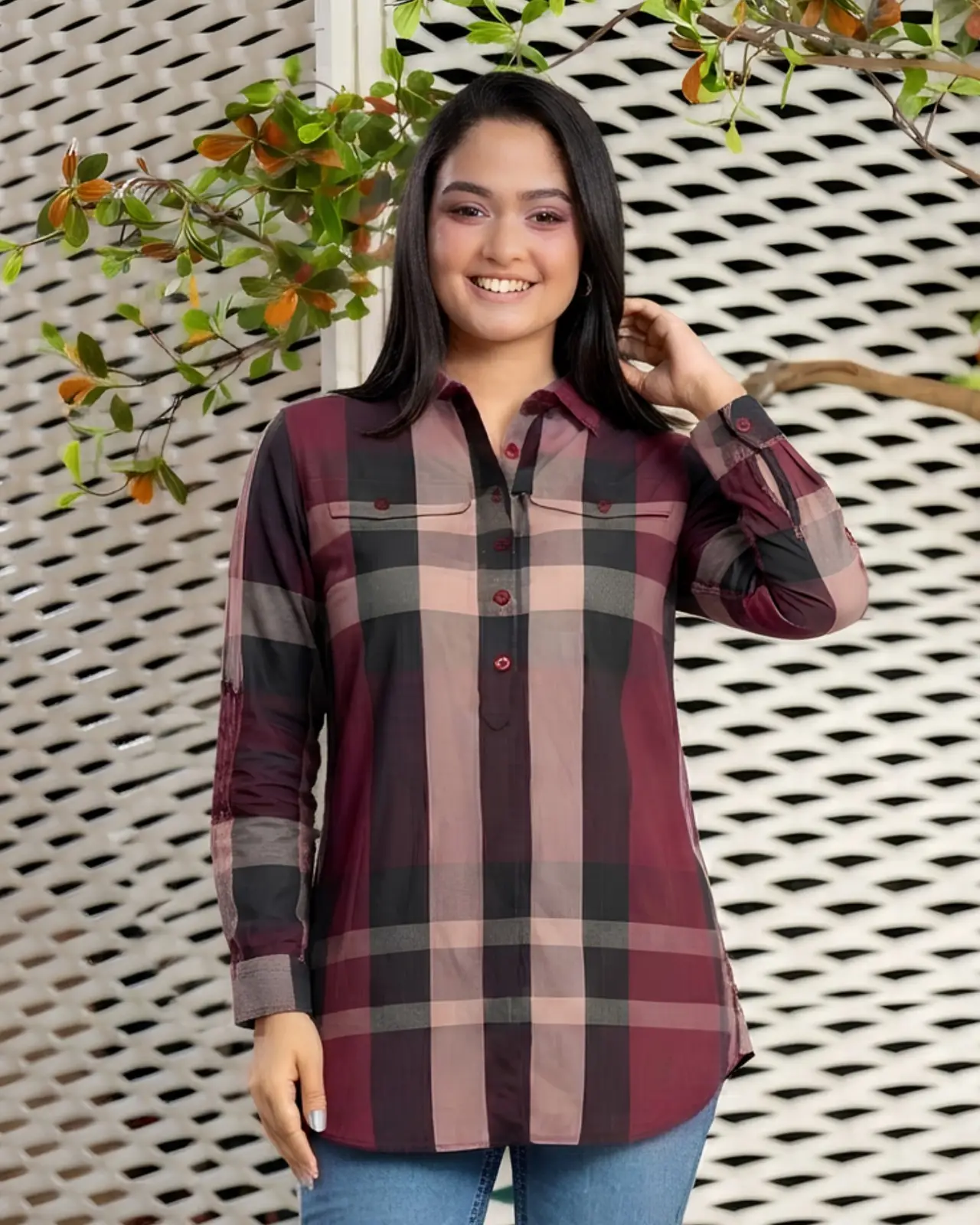 Point Collar Check Blouse with Dual Flap Pockets - Image 3