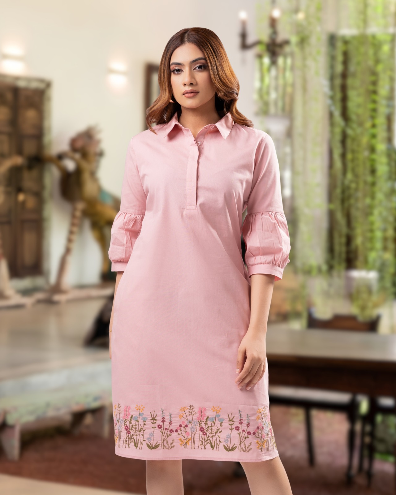 Blush Wildflower Hem Embroidered Half Placket Short Dress - Image 4