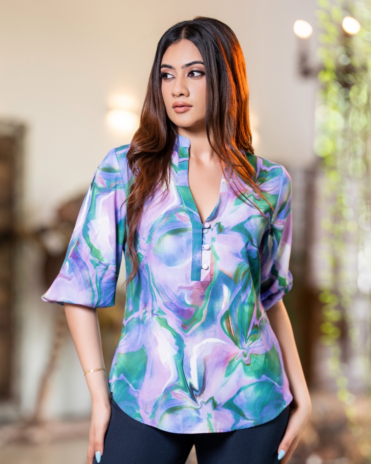 Aura Marble Split-Neck Blouse