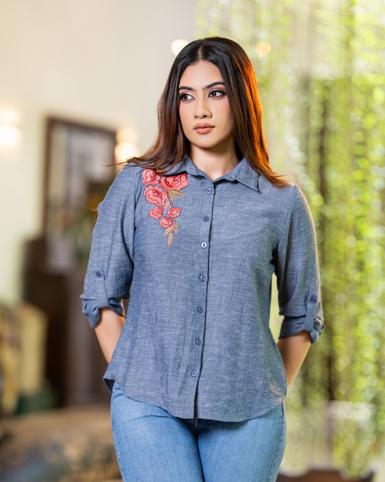 Button-Down Shirt Blouse with Roll-Up Tabs - Image 2