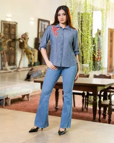 Button-Down Shirt Blouse with Roll-Up Tabs