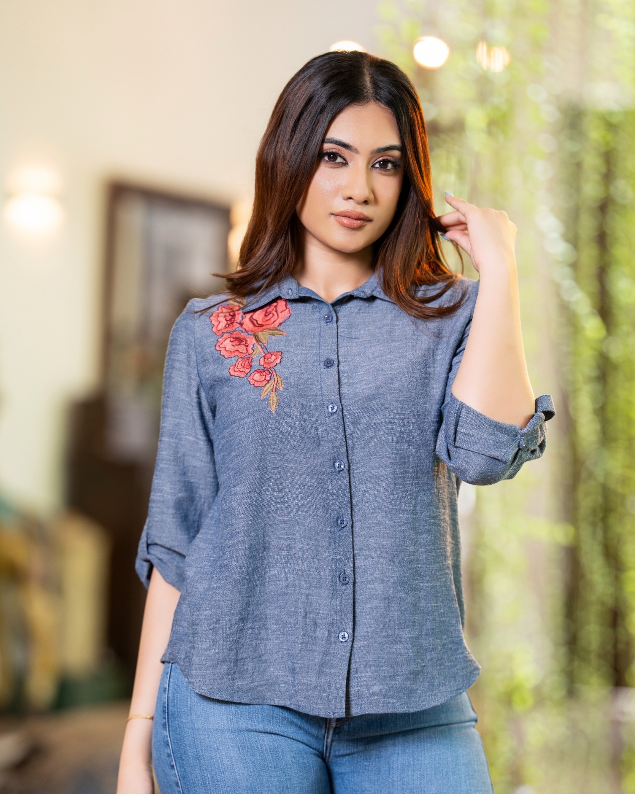 Button-Down Shirt Blouse with Roll-Up Tabs - Image 3