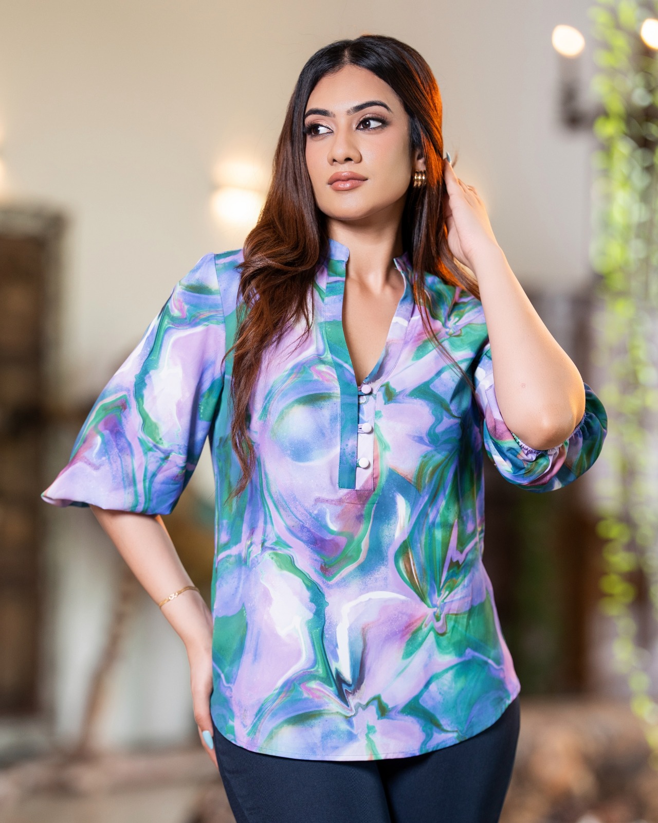 Aura Marble Split-Neck Blouse - Image 2