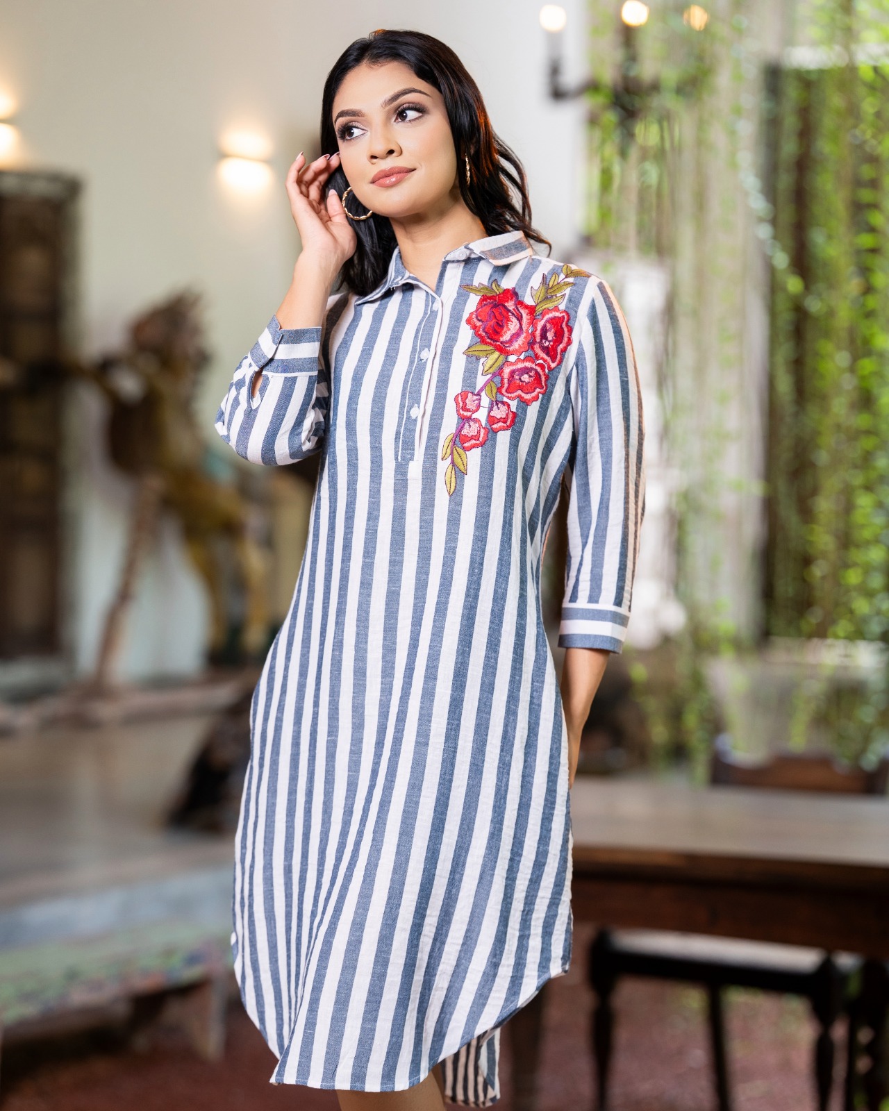 Stripe Detailed Rose Button Down Short Shirtdress - Image 3