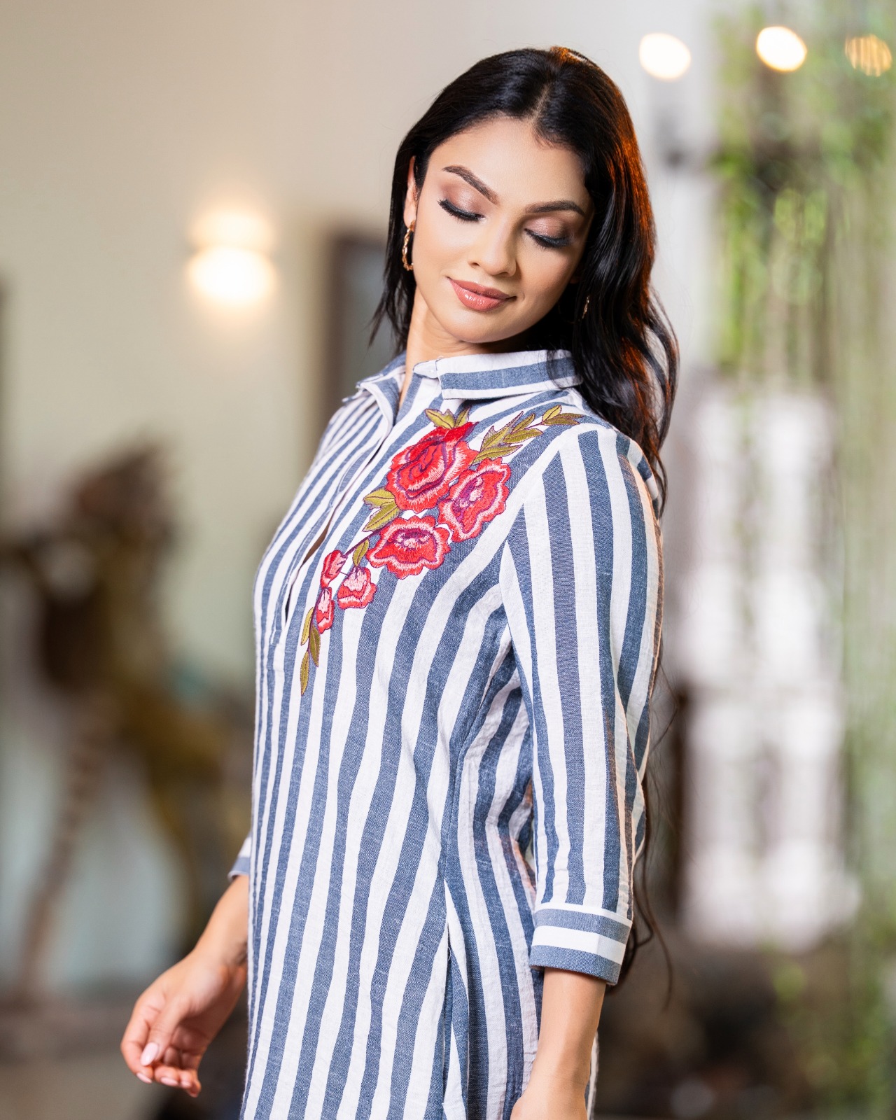 Stripe Detailed Rose Button Down Short Shirtdress - Image 4