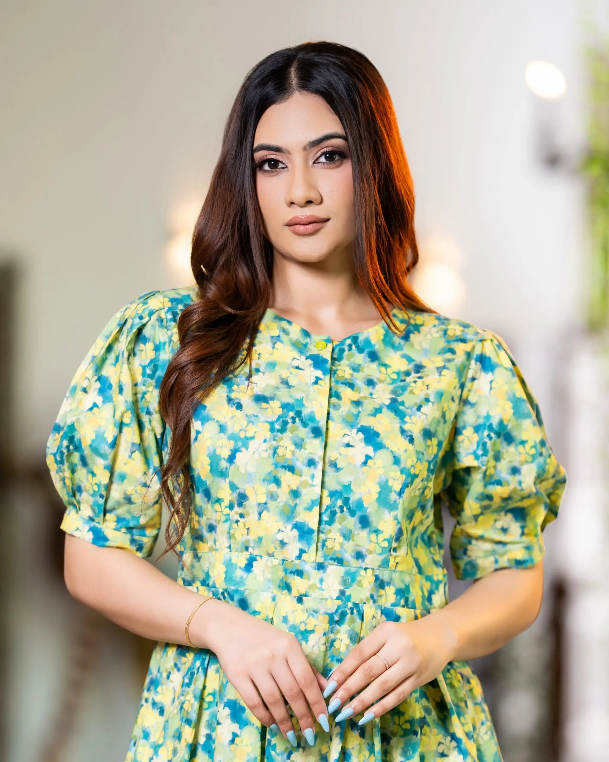 The Puff-Sleeve Pleated Waist Midi Dress