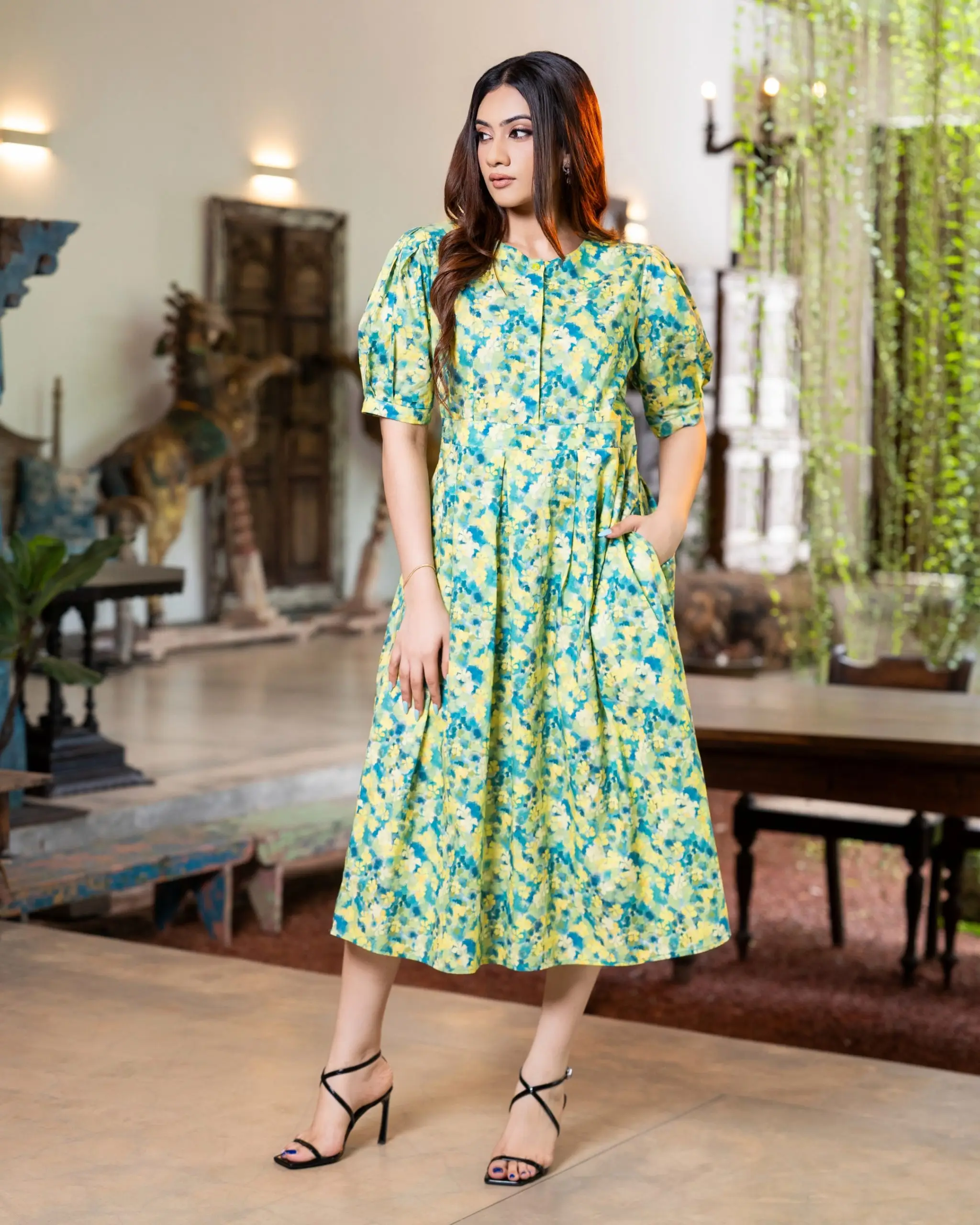 The Puff-Sleeve Pleated Waist Midi Dress - Image 3