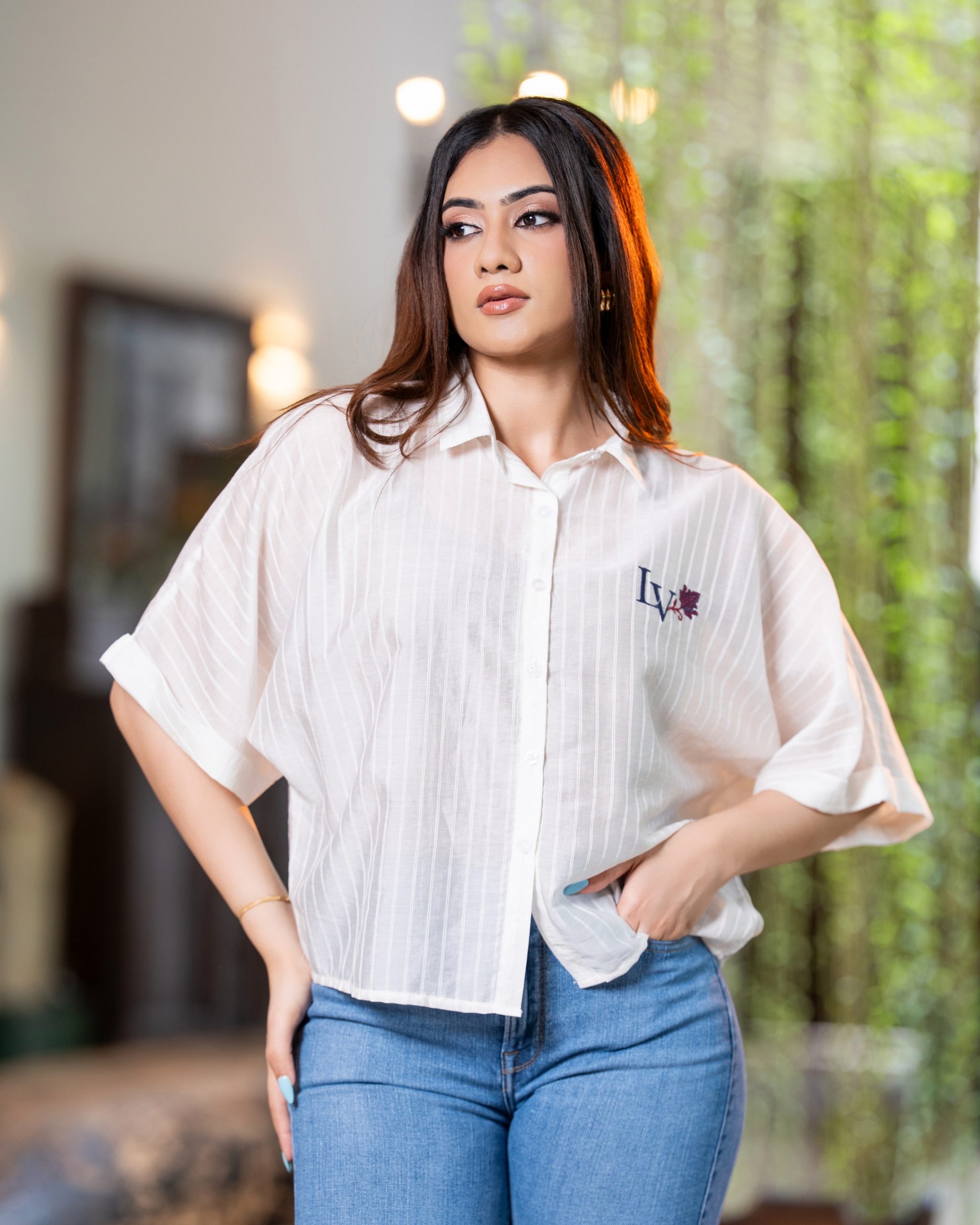 Monogram Chest Embroidered Button-Down Relaxed Crop Shirt