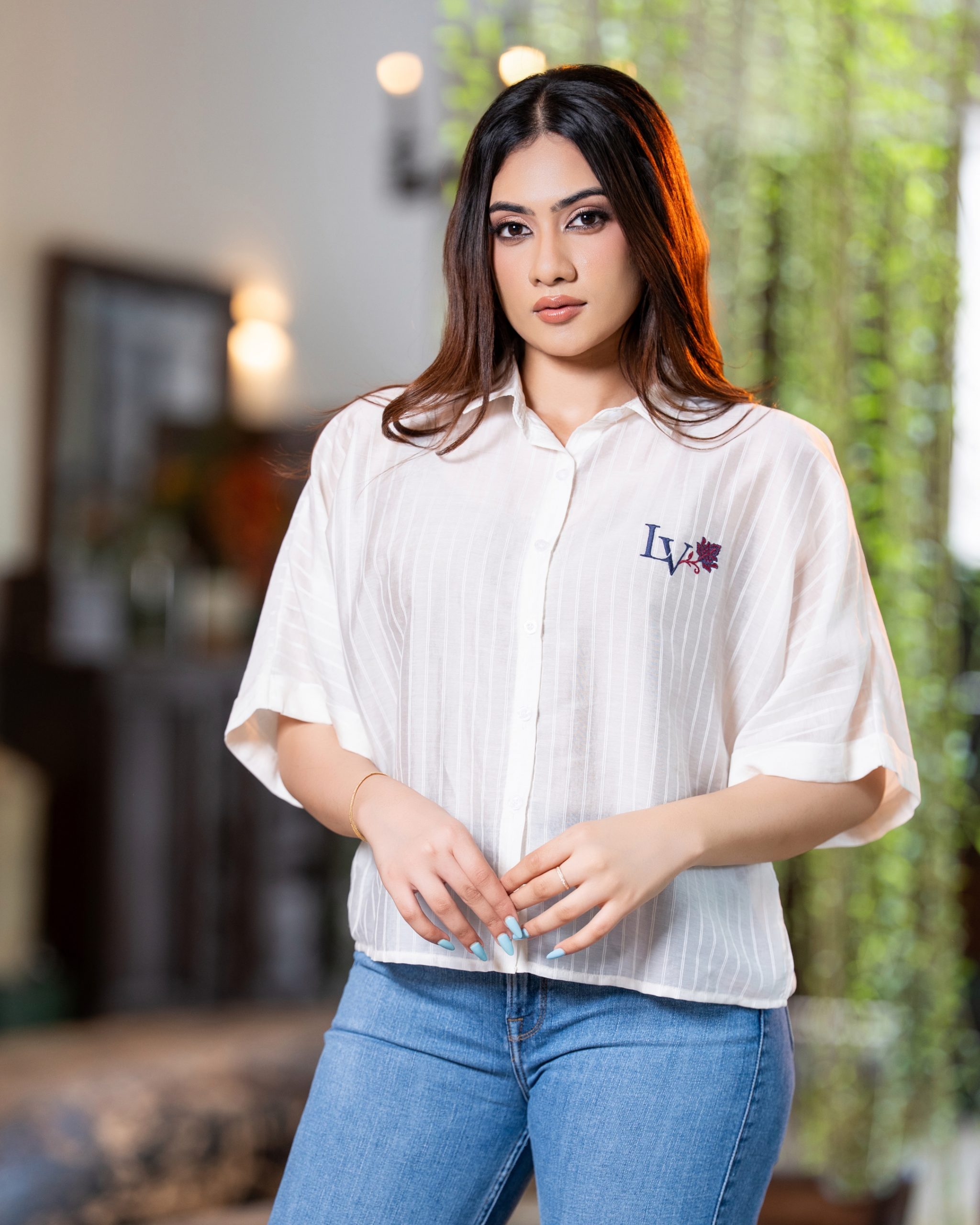 Monogram Chest Embroidered Button-Down Relaxed Crop Shirt - Image 2
