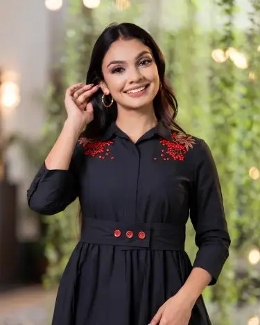 Belt Detailed Midnight Blossom Gathered Midi Dress