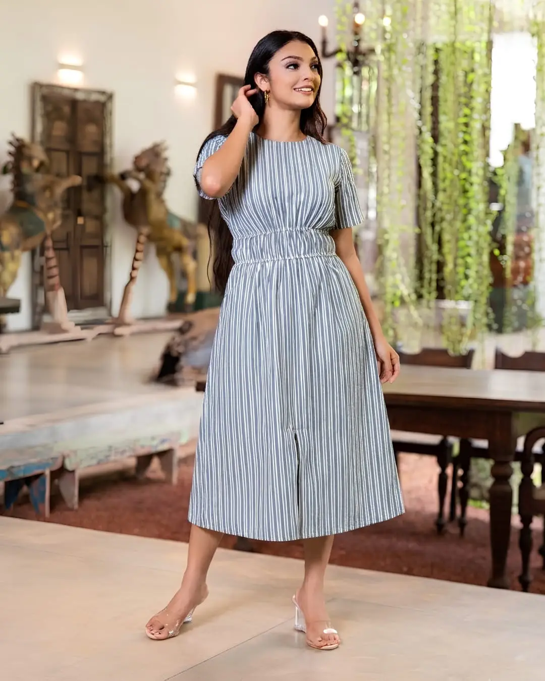 Monochrome Line Waist-Cinched Midi Dress - Image 3