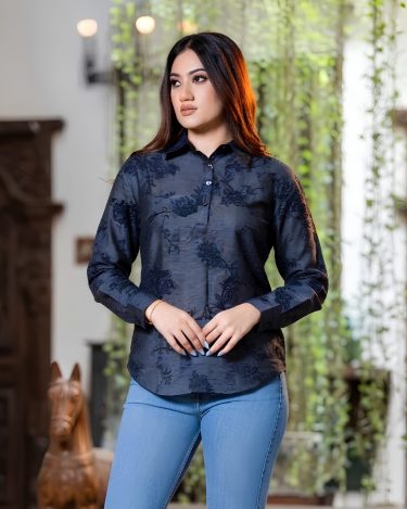 Long Sleeve Slate Botanical Button-Down Blouse