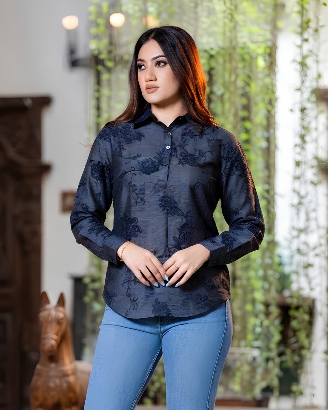 Long Sleeve Slate Botanical Button-Down Blouse