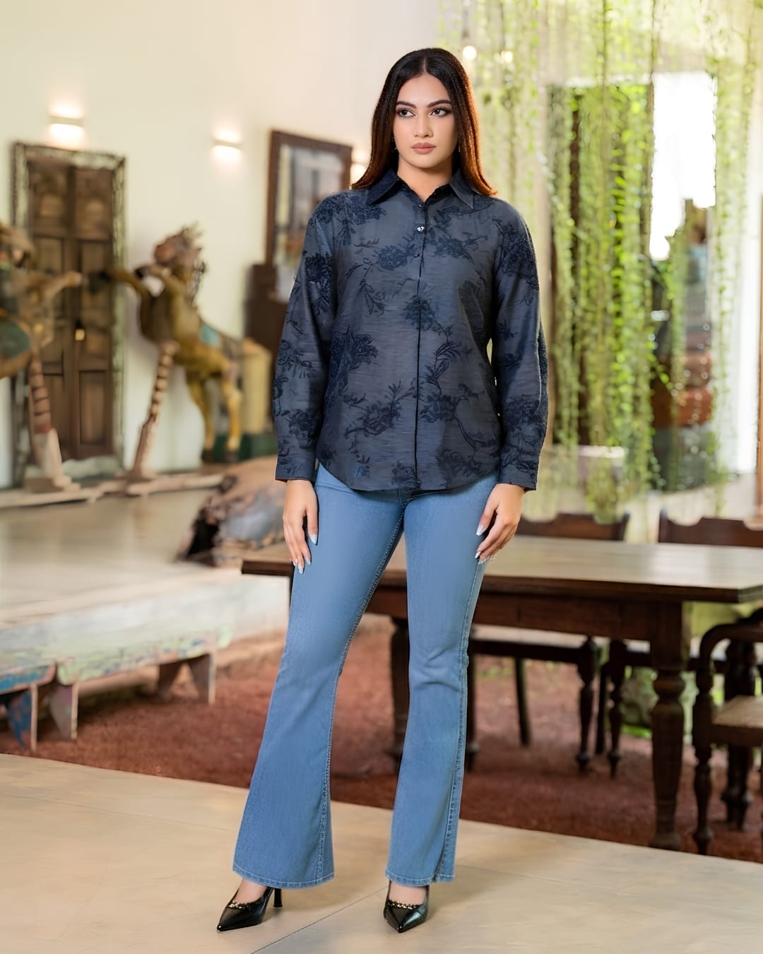 Long Sleeve Slate Botanical Button-Down Blouse - Image 2