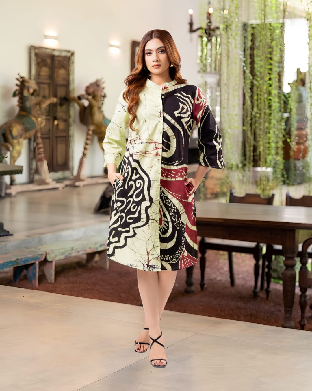 The Mosaic Prism Batik Mandarin Collar Short Shirt Dress