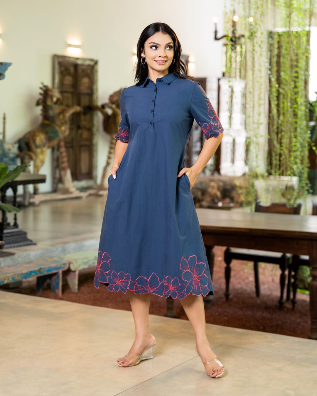 The Midnight Floral Cutwork Embroidery Midi Dress - Image 4