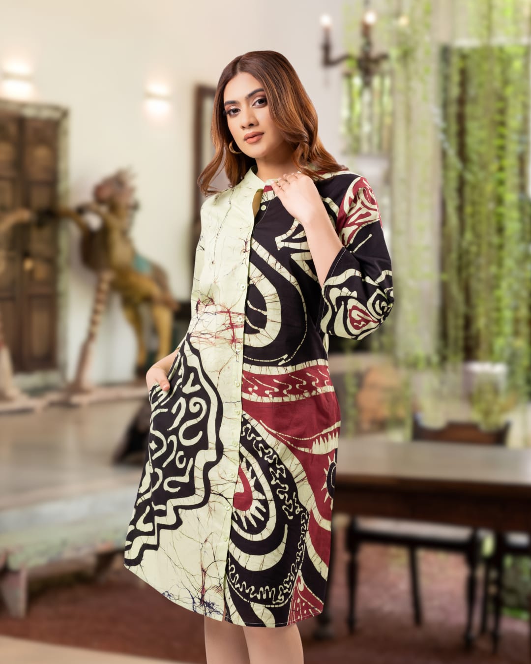 The Mosaic Prism Batik Mandarin Collar Short Shirt Dress - Image 4