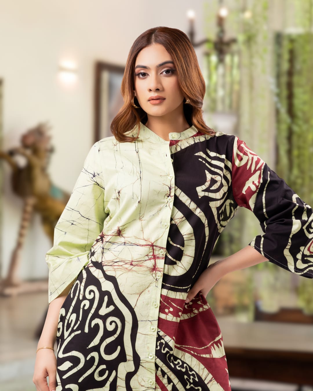 The Mosaic Prism Batik Mandarin Collar Short Shirt Dress - Image 2