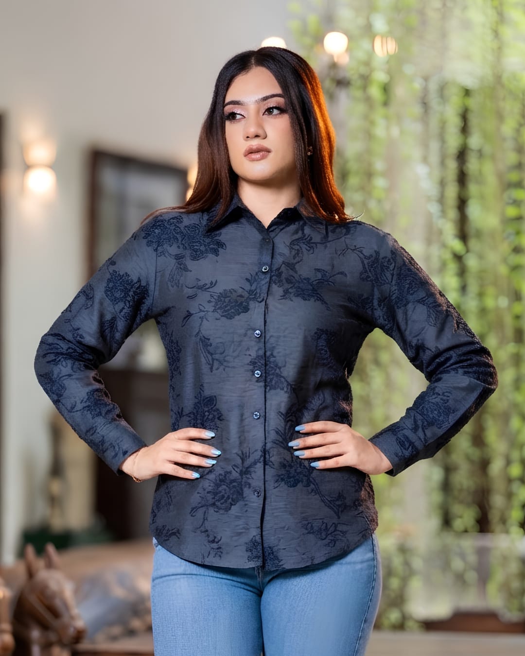 Long Sleeve Slate Botanical Button-Down Blouse - Image 4