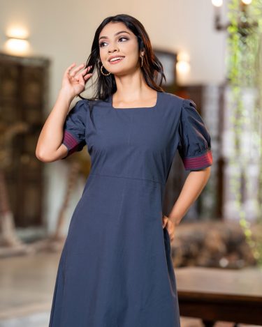 The Square-Neck Puff-Sleeve Midi Dress with Embroidery