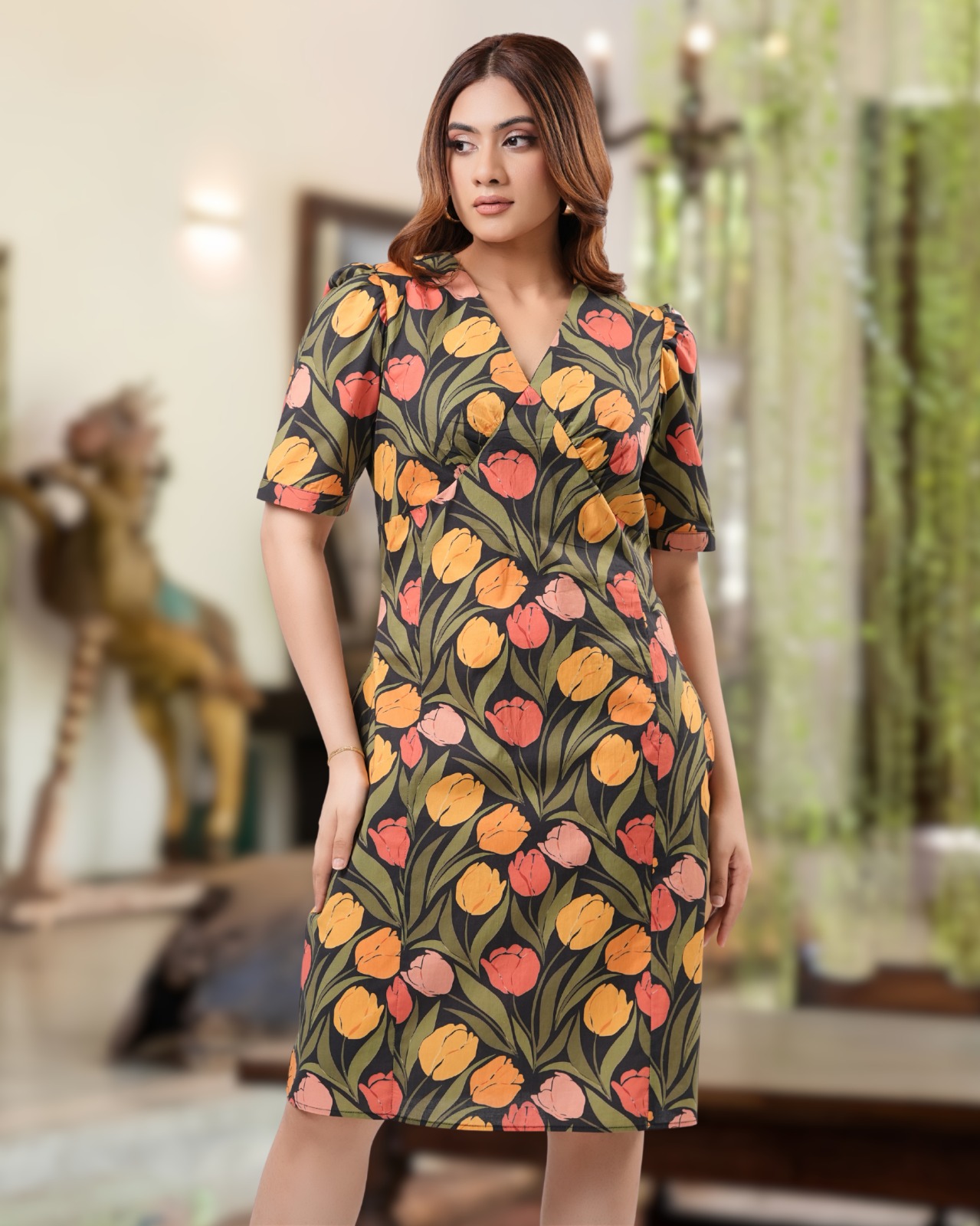 The Botanical Tulip Crossover Puffed Sleeve Short Dress