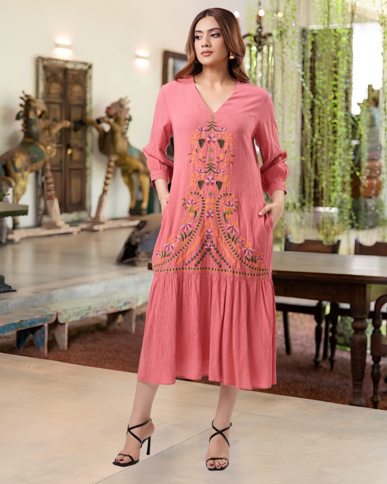 Coral Rose Tiered Hem Embroidered Midi Dress - Image 3