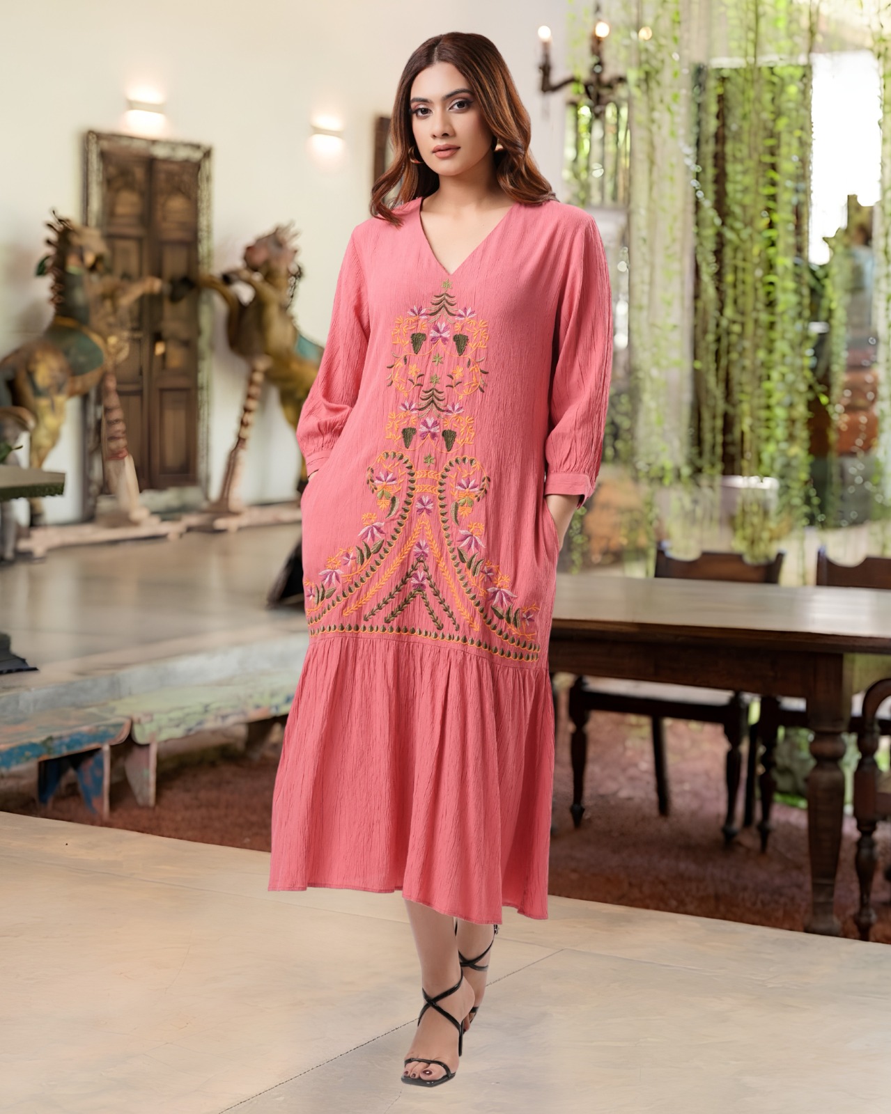 Coral Rose Tiered Hem Embroidered Midi Dress - Image 2