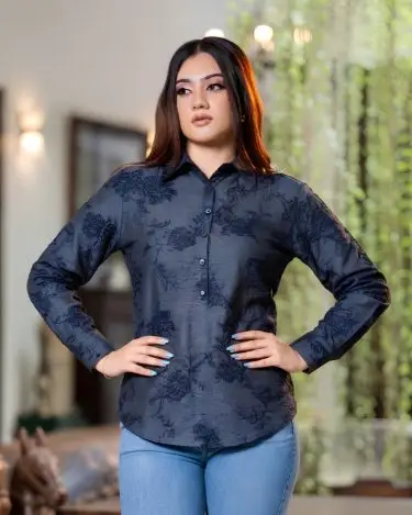 Long Sleeve Slate Botanical Button-Down Blouse