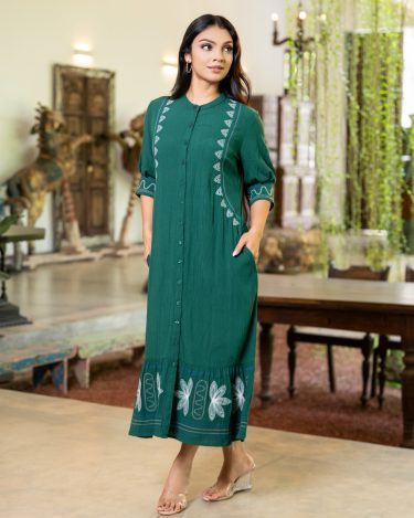 Mandarin Collar Button-Front Embroidered Midi Dress