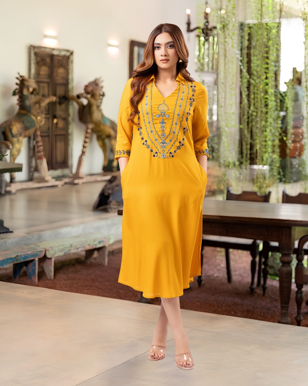 Mustard Sapphire Embroidered V Neck Midi Dress
